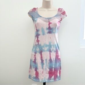 Y2K Forever21 Bodycon Dress Tie Size S Pink Blue Mesh Shirt Sleeve‎ Mini Dress